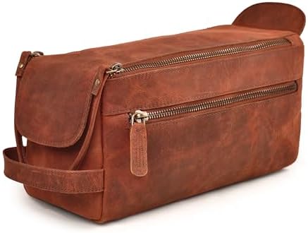 LEATHER VILLAGE Premium Leather Travel Toiletry Bag - Unisex Water-Resistant Travel Dopp Kit, Shaving & Cosmetic Organizer for Men & Women - Compact Bathroom Essentials - Red Brown