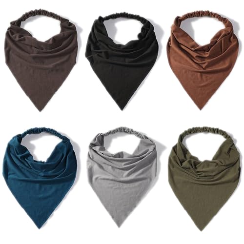 6 Pack Scarf Headband for Women - Elastic Large Boho Triangle Bandana Head Scarves with Clips Non Slip Solid Color Hair Kerchief for Teen Girls