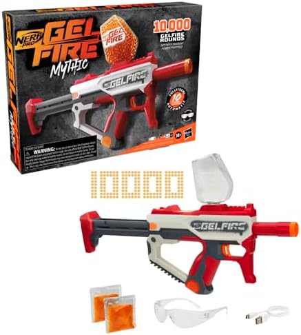 Nerf Pro Gelfire Mythic Full Auto Blaster & 10,000 Gelfire Rounds, 800 Round Hopper, Rechargeable Battery, Eyewear, Ages 14 & Up