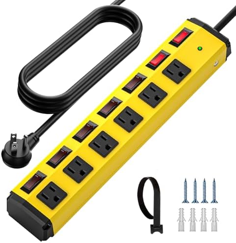 CRST 6-Outlet Heavy Duty Metal Power Strip with Individual Switches, 15AMP/1875W Surge Protector Power Strip(1200 Joules) for Home Garage Office Kitchen School, 6FT 14AWG Cord (Yellow)