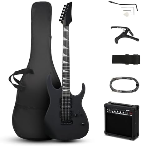 Ktaxon 39" Electric Guitar with 20Watt Amp, Full Size 170 Model Starter Guitar Kit for Beginners & Professional W/Bag, Strap, Upgrade Cable, Guitar Capo, Tremolo Arm - Matte Black