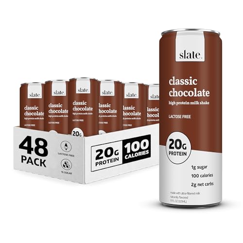 Slate Milk - High Protein Milk Shake - Classic Chocolate - Lactose Free, 20g Protein, 1g Sugar, 100 Calories, 2g Net Carbs, No Added Sugar - Natural, Breakfast Boost, Post Workout - 11 fl oz, 48 Cans