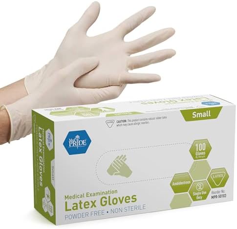 MED PRIDE Medical Exam Latex Gloves| 5 mil Thick, Small Box of 100 Powder-Free
