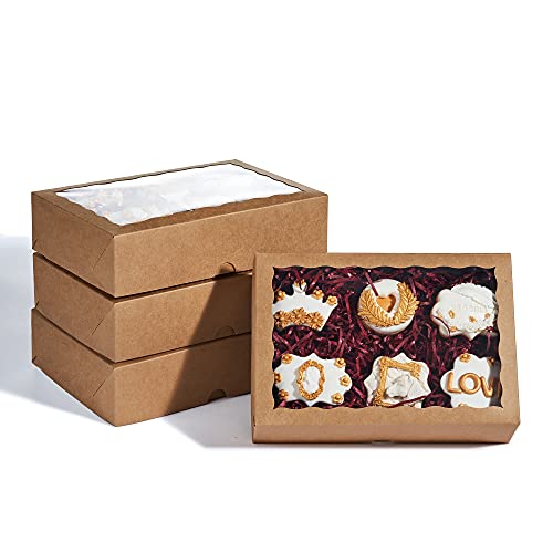 50PCS 10 x 7 x 2.5 inches One Piece Brown Bakery Boxes, Cookie Boxes, Natural Kraft Brown Strawberry Boxes with Display Window