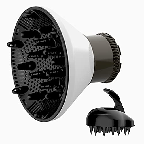 Universal Hair Diffuser Adaptable Hair Dryer Attachment for Blow Dryer Nozzles from 1.7 to 2.2 inch Diameter (White with Shampoo Brush)