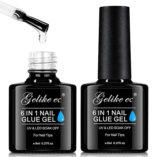 Gelike EC Gel Nail Glue UV - 6 in 1 Gel Glue for Nail Tips Need UV Light, 2PCS Strong Adhesive for Press on Nails Acrylic Tips