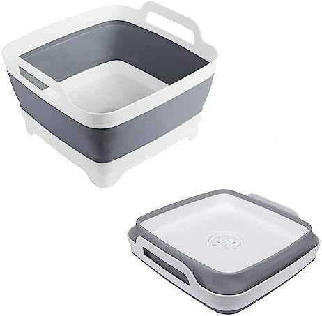 Collapsible Wash Basin 9L, Foldable Dish Tub with Drain Plug, Portable Collapsible Dish Basin, Camping Sink for Washing Dishes, Laundry & Kitchen Use,Gray