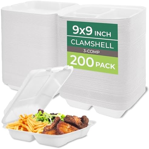 Freshware Clamshell Food Containers with Lids [9x9] 3-Compartment 200-Pack, Disposable To Go Containers, Biodegradable Sugarcane To Go Boxes - Paper Containers - Microwave & Freezer Safe, Stackable