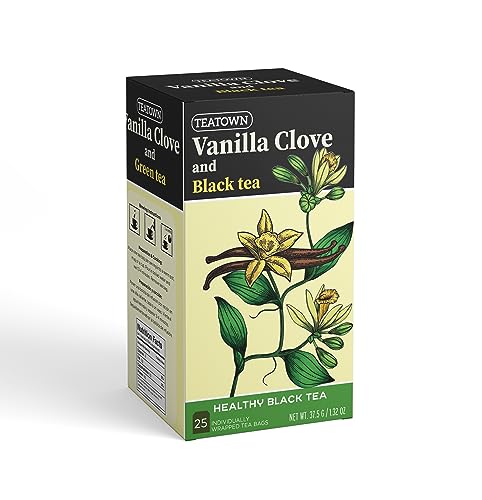 Premium Caffeinated Vanilla Clove Spice Black Chai 25 Count Tea Bags Herbal, All Natural Full Bodied Aromatic Flavor Individually Wrapped (25-Pack)