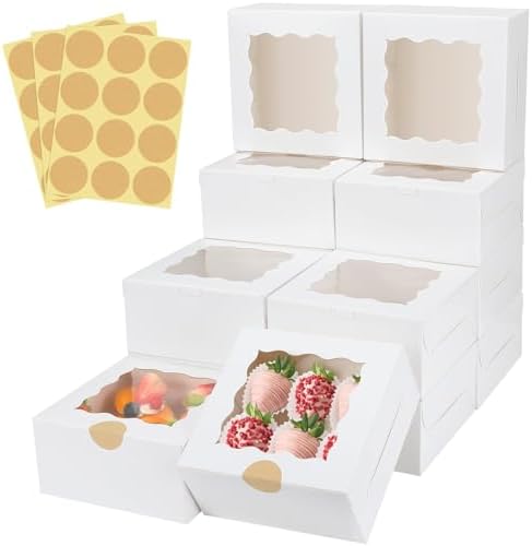 60 Pcs Bakery Boxes with Window, 6 x 6 x 3 Inches, White Cookie Boxes Pastry Boxes for Baked Goods (White)