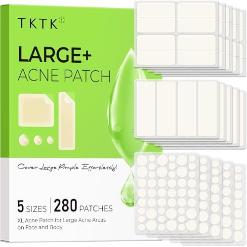 Large Pimple Patches (5 Sizes, 280 Patches), Hydrocolloid Acne Patches, XL Zit Patches for Face, Forehead, Chin, Nose, Body, Back, Chest, Rectangular, Square, and Dot Hydrocolloid Bandages