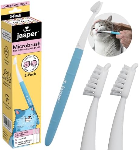 Jasper Microbrush Cat Toothbrush, Soft-Bristled Toothbrush Kit for Felines & Small Dogs, Premium Non-Slip Handle with 2 Replaceable Tooth Brush Heads, Use with Cat Toothpaste