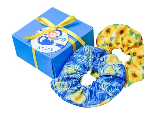 Van Gogh Starry Night Painting Scrunchies Hair Ties with Box & Custom Name Tag