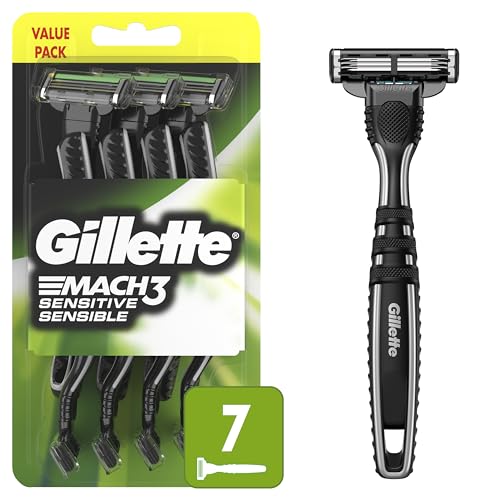 Gillette Mach3 Sensitive Razors for Men, Men’s Disposable Razors, Pivoting Head for Close and Comfortable Shave, 7 Count