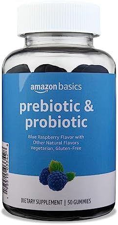 Amazon Brand - Solimo Prebiotic & Probiotic Gummies, 2 Billion CFU, Blue Raspberry, 50 Count (2 per Serving)