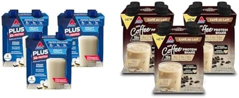 Atkins Protein Shake Bundle with Creamy Vanilla 30g Protein 12 Count and Café au Lait Iced Coffee 15g Protein 4 Count (Pack of 3)