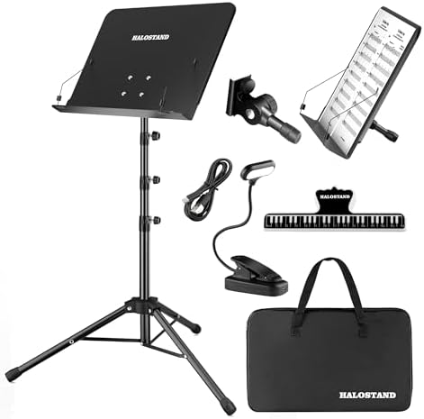 5 in 1 Dual-use Sheet Music Stand & Desktop Book Stand, Folding Music Stand with Portable Carrying Bag, Sheet Music Folder & Rechargeable Music Stand Light