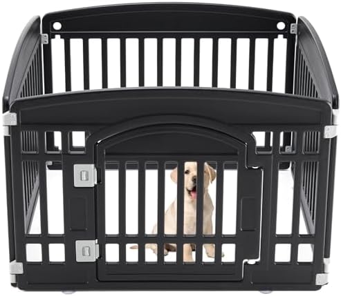 Sweetcrispy Plastic Dog Playpen - 4-Panel 24" Expandable & Durable Pet Fence for Small to Medium Dogs - Indoor & Outdoor Portable Puppy Playpen with Secure Locking Door, Black