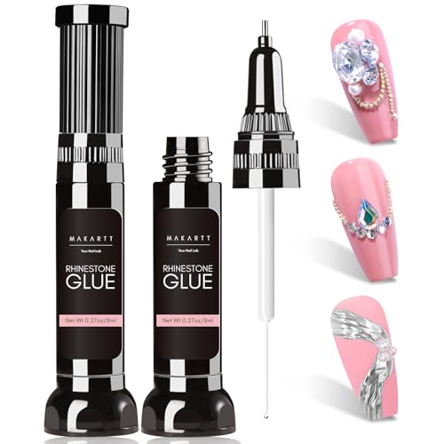 Makartt Nail Rhinestone Glue Gel, Upgrade Gel Nail Glue with Brush Pen Tip Super Strong Adhesive Precise for Nail Charms Crystals Rhinestone Beads Flower 3D Decorations 8ml*2