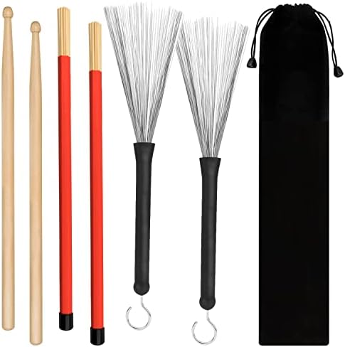 Drum Sticks 1 Pair 5A Maple Wood Drum Sticks,1 Pair Retractable Drum Wire Brushes and 1 Pair Rods Drum Brushes set for Kids, Adults, Rock Band, Jazz Folk Students with Portable Storage Bag