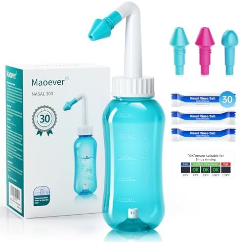 Neti Pot Sinus Rinse Bottle Nose Wash Cleaner Pressure Rinse Nasal Irrigation for Adult & Kid BPA Free 300 ML with 30 Nasal Wash Salt Packets and Sticker Thermometer