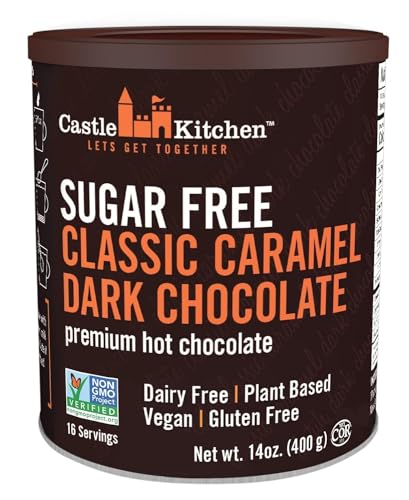 Castle Kitchen Sugar Free Classic Caramel Premium Dark Hot Chocolate Mix with Monkfruit (8 oz) - Vegan, Dairy Free, Plant Based - Keto & Diabetic - Mix with Milk Substitute - Good Source of Fiber