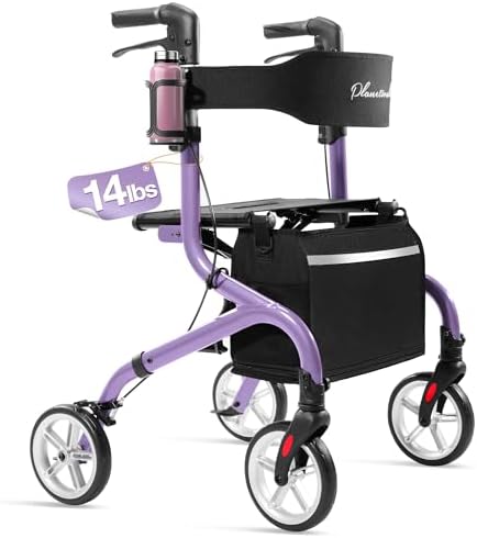 Super Lightweight Rollator Walker for Seniors, Foldable Rolling Walker with Seat and 8" Rubber Wheels for All Terrain, Upgraded Height Adjustment Button with Cup Holder, Purple