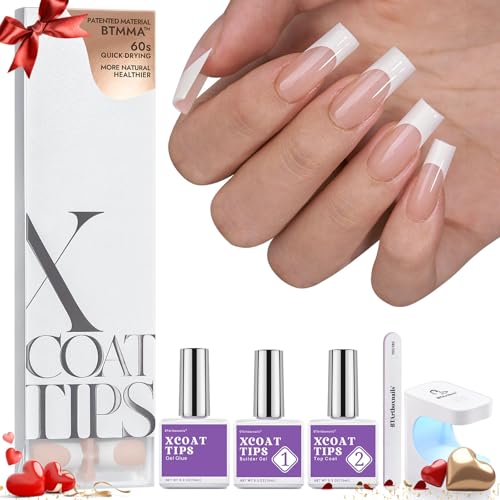 BTArtboxnails Soft Gel Nail Tips and Gel Glue Kit - French Tip Press on Nails Long Square XCOATTIPS Gel Nail Kit, Include Gel Glue, Builder Gel, Top Coat, Nail Lamp Nail Extension Valentines Day Gift