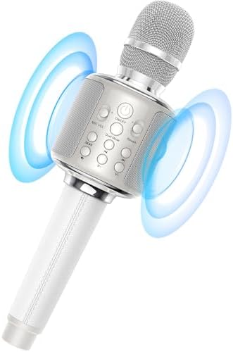 Wireless Bluetooth Karaoke Microphone, Built-in Loud Speaker for 10H Playback, Add Reverb/Duet Mode/Earbuds Monitoring, Portable Karaoke Machine for Entertainment & Singing Practice (White)