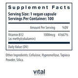 Vital Nutrients Vitamin B12 1000mcg | Vegan Methylated B12 | Methylcobalamin for Metabolism, Cognitive, & Nervous System Health* | High-Potency B12 Supplement | Gluten, Dairy, Soy Free | 100 Capsules