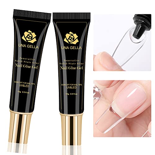 UNA GELLA Soft Gel Nail Tips Glue | 2pcs | Solid State Soak Off Super Strong Glue for Acrylic Nails Curing Needed For Nails Extension Press On Nails 15ml*2 for Gel Jelly Tips