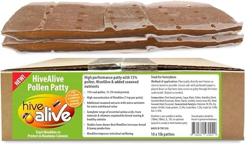 Pollen Patties for Honey Bees - 2lb (2x1lb) Bee Food with 15% Real USA Pollen, Full Dose of Hive Alive Concentrate, Seaweed Micronutrients, and Amino Acids to Improve Colony Health, Brood