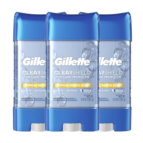 Gillette Antiperspirant and Deodorant for Men, 72hr Sweat & Odor Protection, Long Lasting Freshness, Anti-White Mark Technology, Clear Gel, Tropical Breeze Scent, 3.8 oz (Pack of 3)