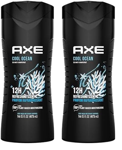 AXE Cool Ocean Men's Body Wash With Essential Oils 12H Refreshing Scent Body Wash For Men, Clean and Fresh Scent 16 oz (Pack of 2)