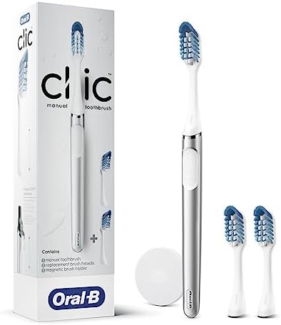 Oral-B Clic Deluxe Starter Kit, Manual Toothbrush with 3 Brush Heads & Magnetic Brush Mount, White