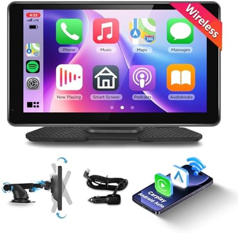 Podofo Wireless Carplay Screen for Car,7inch 1080P HD IPS Touch Screen Portable Car Radio Audio Receivers, Wireless Android Auto Screen 2 Mount/2 Bluetooth/MirrorLink/GPS/Voice Control/AUX/FM Transmit