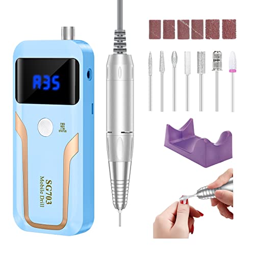 Portable Nail Drill Professional, 35000 RPM Rechargeable Electric Nail File Machine E File for Acrylic Nails Gel Polishing Removing, Cordless E-file with Bits Kit for Manicure Salon Home,Blue