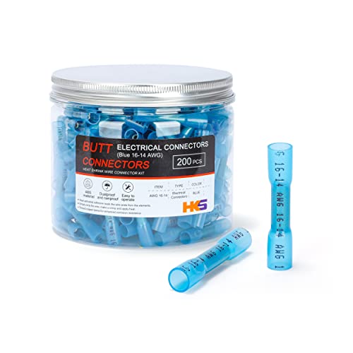 HKS 200 PCS Blue Heat Shrink Butt Connector 16-14 AWG - Electrical Connectors - Tinned Red Copper 0.8mm - Automotive Marine Stereo Boat Crimp - Waterproof and Insulated