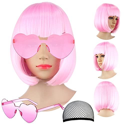 Short Bob Hair Wigs Straight with Flat Bangs Synthetic Colorful Cosplay Daily Party Neon Wig for Women + Free Wig Cap 12" Natural As Real (Cute Pink)