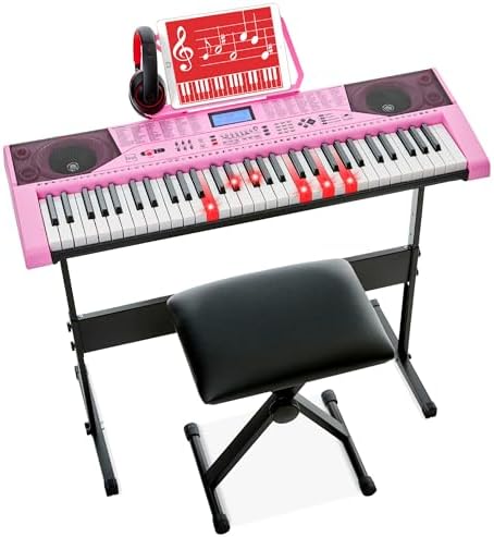 Best Choice Products 61-Key Beginners Complete Electronic Keyboard Piano Set w/Lighted Keys, LCD Screen, Headphones, Stand, Bench, Teaching Modes, Note Stickers, Built-In Speakers - Pink