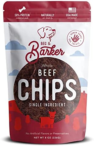 Beg & Barker Beef Chips for Dogs (8 Ounce, Pack of 1) - Single Ingredient Dog Treats Made for Large & Small Dogs Protein Human Grade Dog Treats Made from Real Meat Beef, Made in USA
