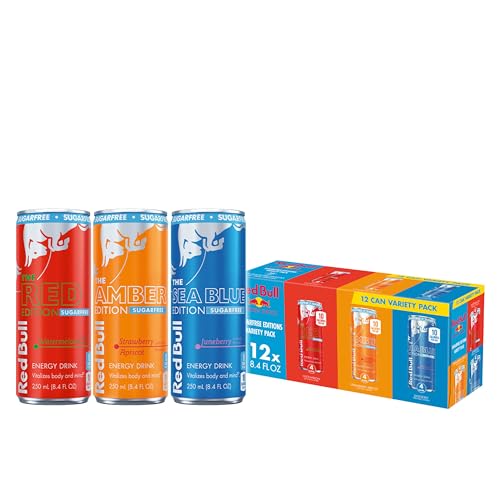 Red Bull Energy Drink Sugar Free Variety Pack, Red, Amber, and Sea Blue, with 80mg Caffeine, Taurine & B Vitamins, 8.4 fl. oz, Pack of 12 Cans