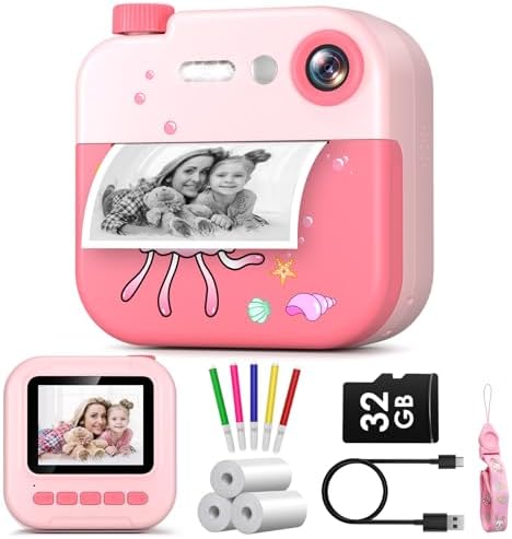 Kids Camera Instant Print - 1080P Digital Video Instant Camera for Kids, Christmas Birthday Gifts for Girls Boys Age 3-12, Toddler Cameras with 3 Rolls No Ink Print Paper & 32g SD Card -Jellyfish