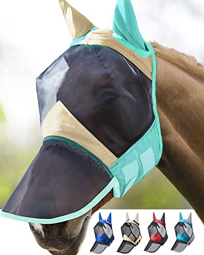 Harrison Howard Pro Luminous Horse Fly Mask Long Nose with Ears UV Protection for Horse Champagne Gold/Mint XL Extra Full Size