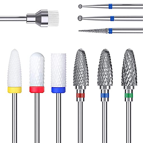 Fantexy 10Pieces Ceramic Nail Drill Bits, 3/32 Inch Professional Tungsten Carbide Acrylic Nail Bit Set,Nail File Bits Nail Art Tools For Electric Manicure Machine Home Salon Use