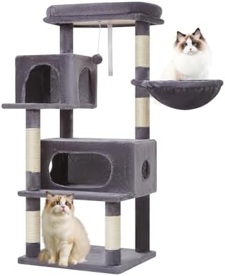 Taoqimiao Cat Tree,49-Inch Cat Tower for Indoor Cats,2 Luxurious cat condo with Adjustable Large Hanging Baskets and Large Luxurious Perch Smoky Gray MS029LG