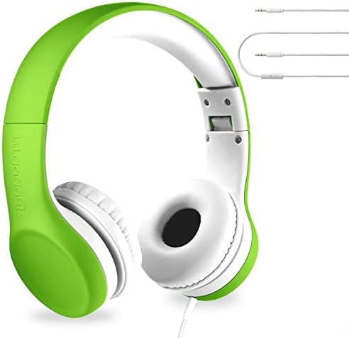 LilGadgets Connect+ Wired Kids Headphones for School with Microphone, Volume Limiting & Noise Reduction On-Ear Headset with Cord, SharePort Technology & SoftTouch Padding, Green