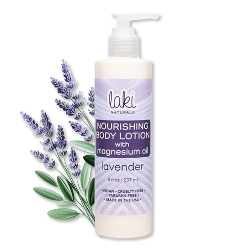 Laki Naturals Lavender Magnesium Body Lotion (8oz, Pack of 1) - Hydrating Body Lotion for Dry Skin with Lavender Essential Oil, Magnesium Chloride & Avocado Oil - Relaxation & Stress Relief Skincare