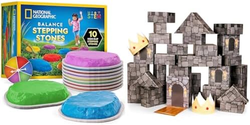 NATIONAL GEOGRAPHIC 10 Non-Slip Stepping Stones & 30 Jumbo Cardboard Blocks – Indoor/Outdoor Balance Stones + 30 Durable Blocks for Building Castles & Playhouses, Toddler & Kids Activities