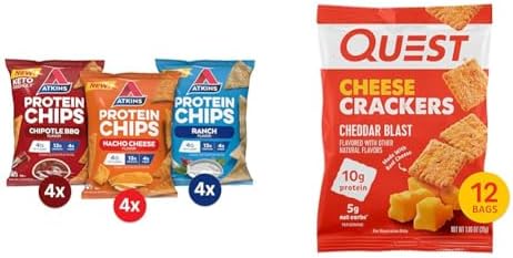 Atkins Protein Chips Variety Pack, 4g Net Carbs, 13g Protein, Gluten Free, Low Glycemic, 12 Count & Quest Nutrition Cheese Crackers, Cheddar Blast, High Protein, Low Carb, Made with Real Cheese